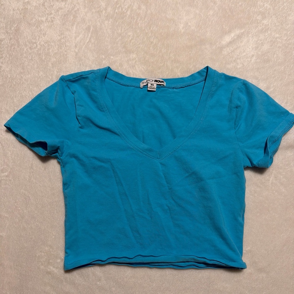 Fashion Nova Teal V-Neck Crop Top
